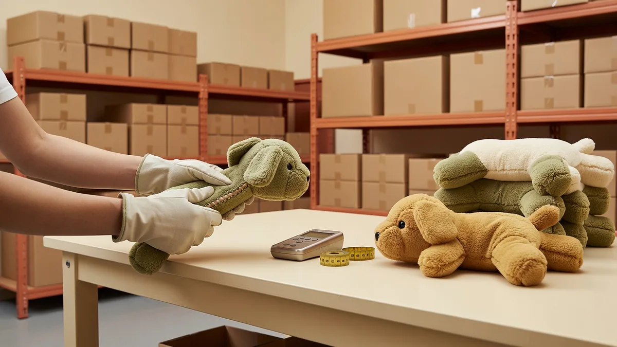 Fabryczna próba rozciągania QC na szwie pluszowej zabawki dla psa obok zatwierdzonego Golden Sample
