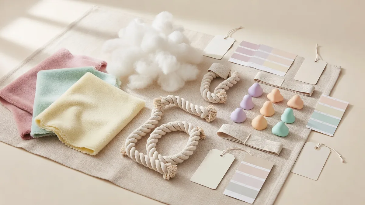 Flatlay materiałów na zabawki dla szczeniąt w hurcie: miękki plusz, wypełnienie włókniste, lina bawełniana, miękki element ząbkowy z TPR, wszywki i karty kolorów