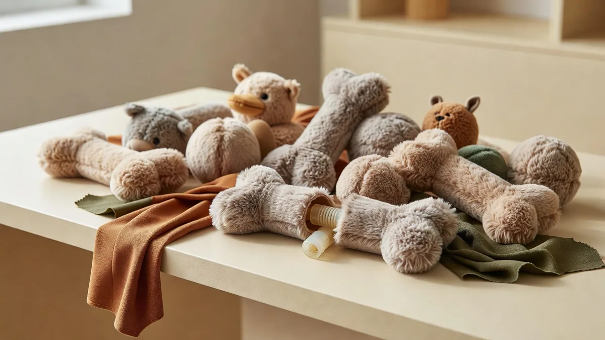 Sortiment von Quietsch-Hundespielzeug in Großmengen mit Plüschkörpern und freiliegenden Quietscher-Inserts auf einem warmen, cremefarbenen Bemusterungstisch