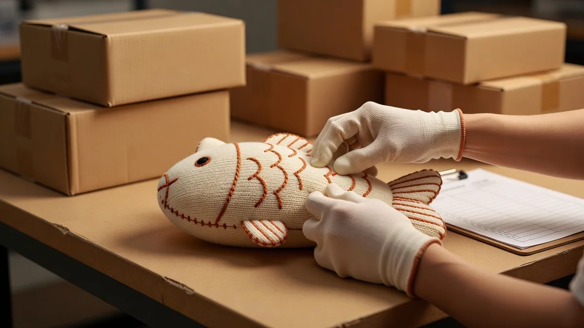 Qualitätsprüfer kontrolliert Nahtfestigkeit und Strickmaschenintegrität an einem gestrickten Katzen-Fischkissen-Plüschtier an einem QC-Tisch in der Fabrik