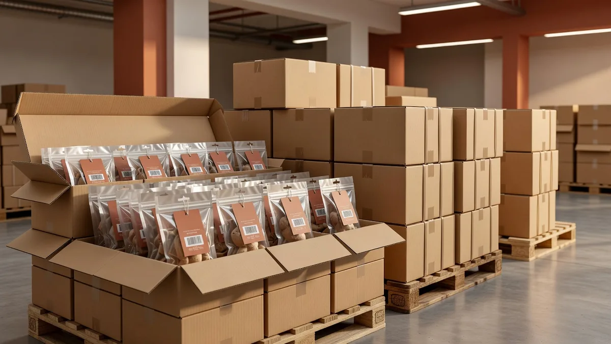 Export-Pack-out von Katzenspielzeug in Polybeuteln mit Hangtags in offenen Umkartons auf einer Lagerpalette