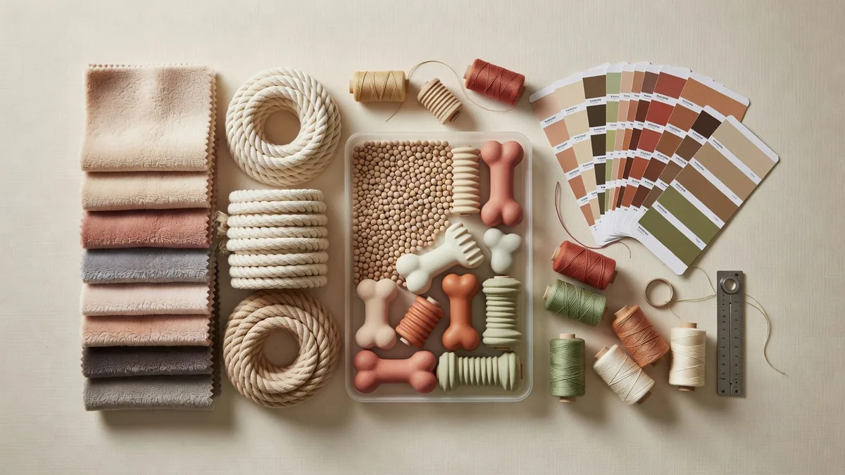 Material- und QC-Flatlay für die Beschaffung bei einer China-Haustierfabrik für kleine Unternehmen: Stoff, Seil, TPR, Farbkarten