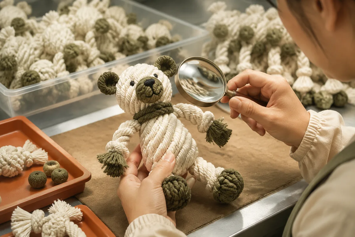 QC-Prüfung von Nähten, Knotenenden und Stickerei eines Baumwollseil-Tier-Hundespielzeugs auf einer Qualitätskontrollbank in der Fabrik