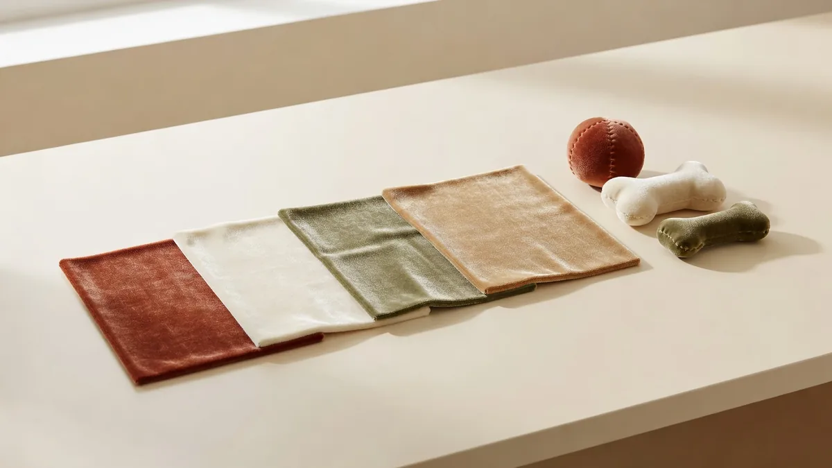 Stoffmuster aus Crystal-Velvet-Plüsch für Hundespielzeug, Florrichtungsproben und fertige Private-Label-Plüschtiere auf einem warmen, cremefarbenen Bemusterungstisch