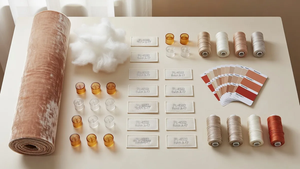 Tech-Pack-Materialien für Crystal-Velvet-Plüsch-Hundespielzeug im Private Label: Samtrollen, Faserfüllung, Quietscher, Webetiketten, Hangtags und Farbkarten