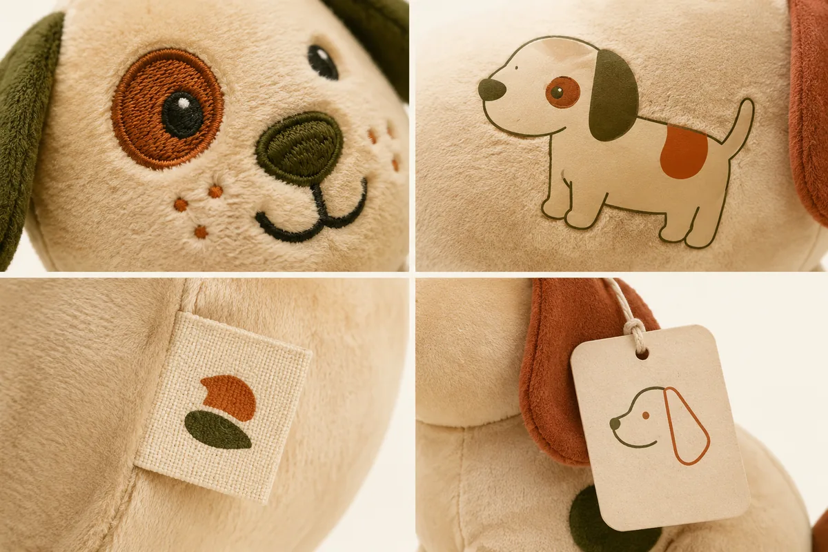 Vergleich von Branding-Techniken für individuelle Plüsch-Hundespielzeuge: Stickerei, Heat-Transfer-Druck, gewebtes Pflegeetikett und Hangtag