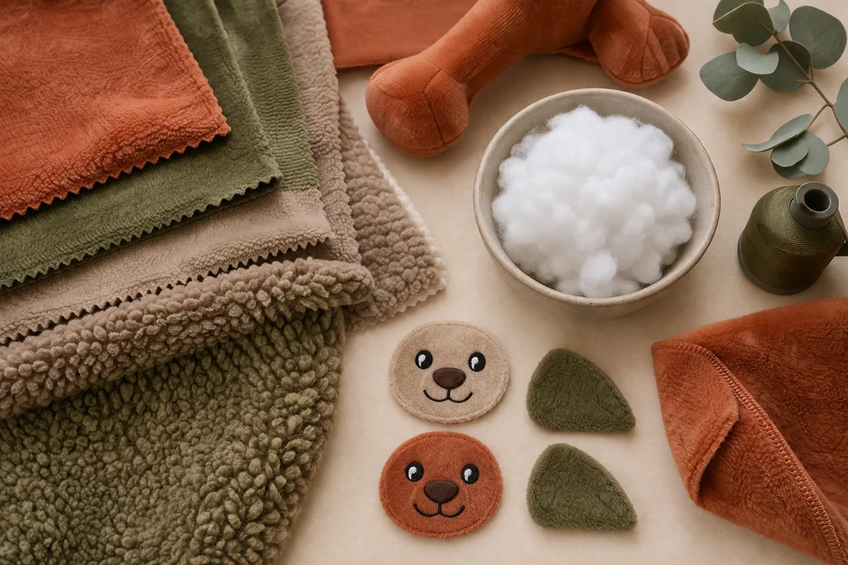 Material- und Konstruktionsmuster individueller Plüsch-Hundespielzeuge, darunter Kurzflorstoff, Sherpa, Faserfüllung, Stickerei und verstärkte Nähte für RFQs an Hersteller in China