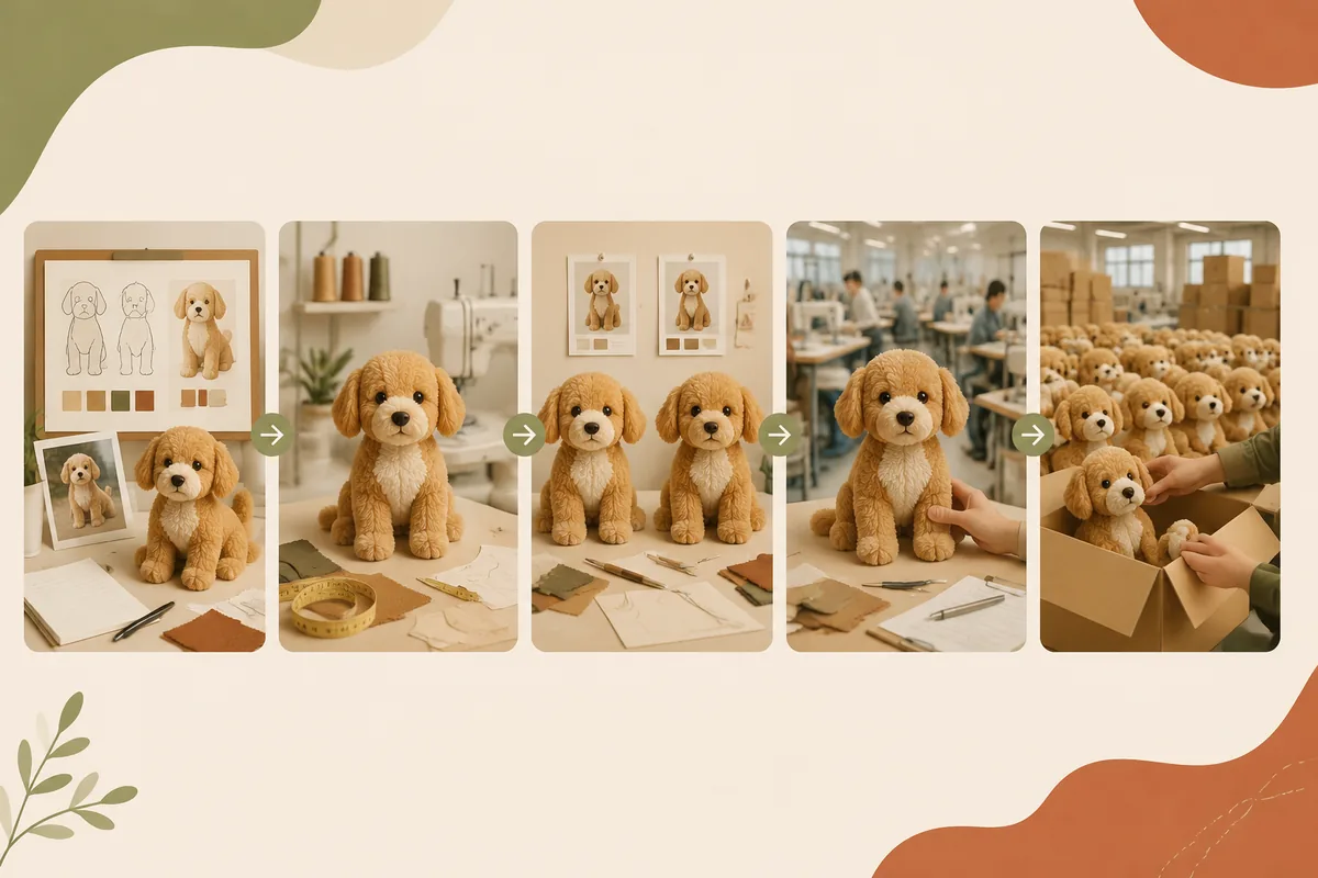 Bemusterungszeitplan für individuelle Plüsch-Hundespielzeuge vom Briefing und Proto-Muster über die Revision und das Vorserienmuster bis zur Bulk-QC