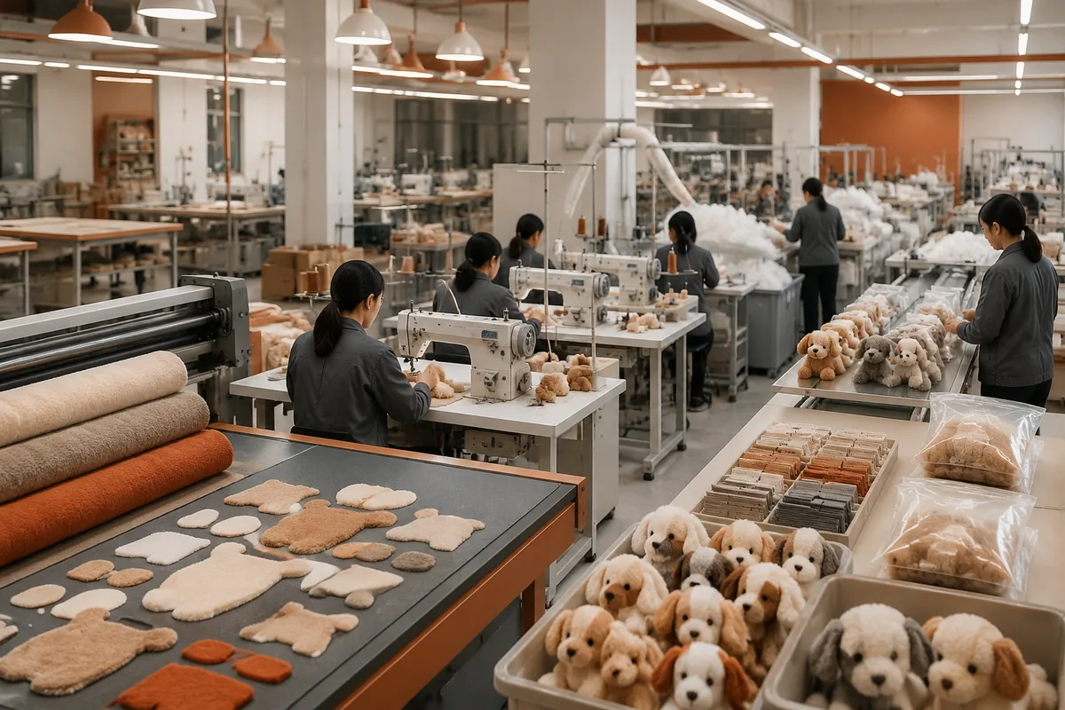 OEM-Fertigungslinie für Plüsch-Haustierspielzeuge mit Stationen für Zuschnitt, Nähen, Füllen und Etikettieren in einer Fabrik in China