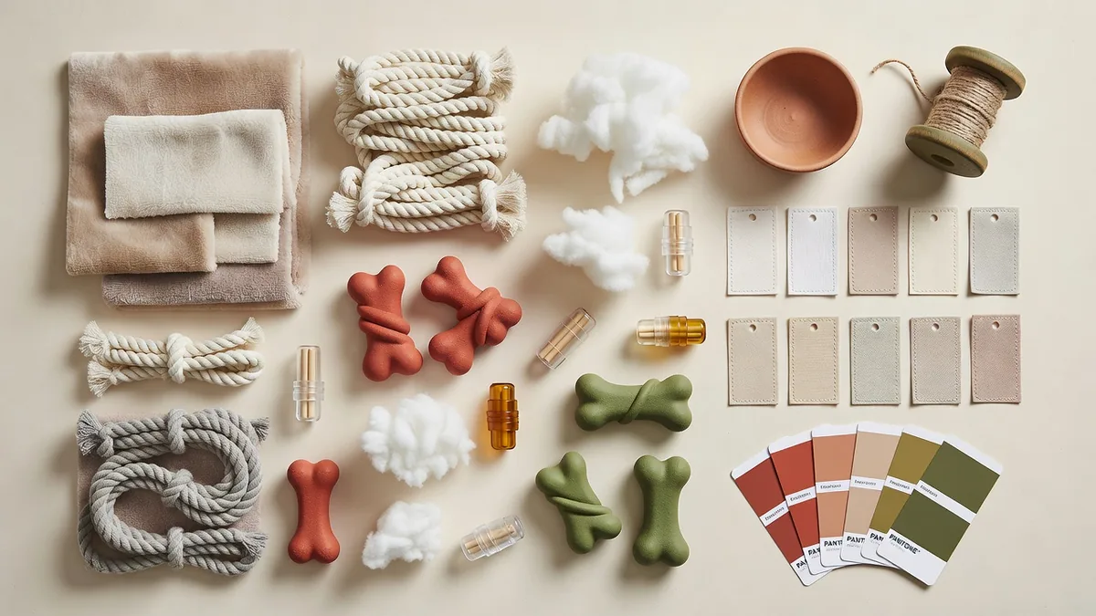 Material- und QC-Flatlay für Discount-Haustierspielzeug im Großhandel: Plüschstoff, Seil, TPR-Muster, Hangtags, Farbkarten