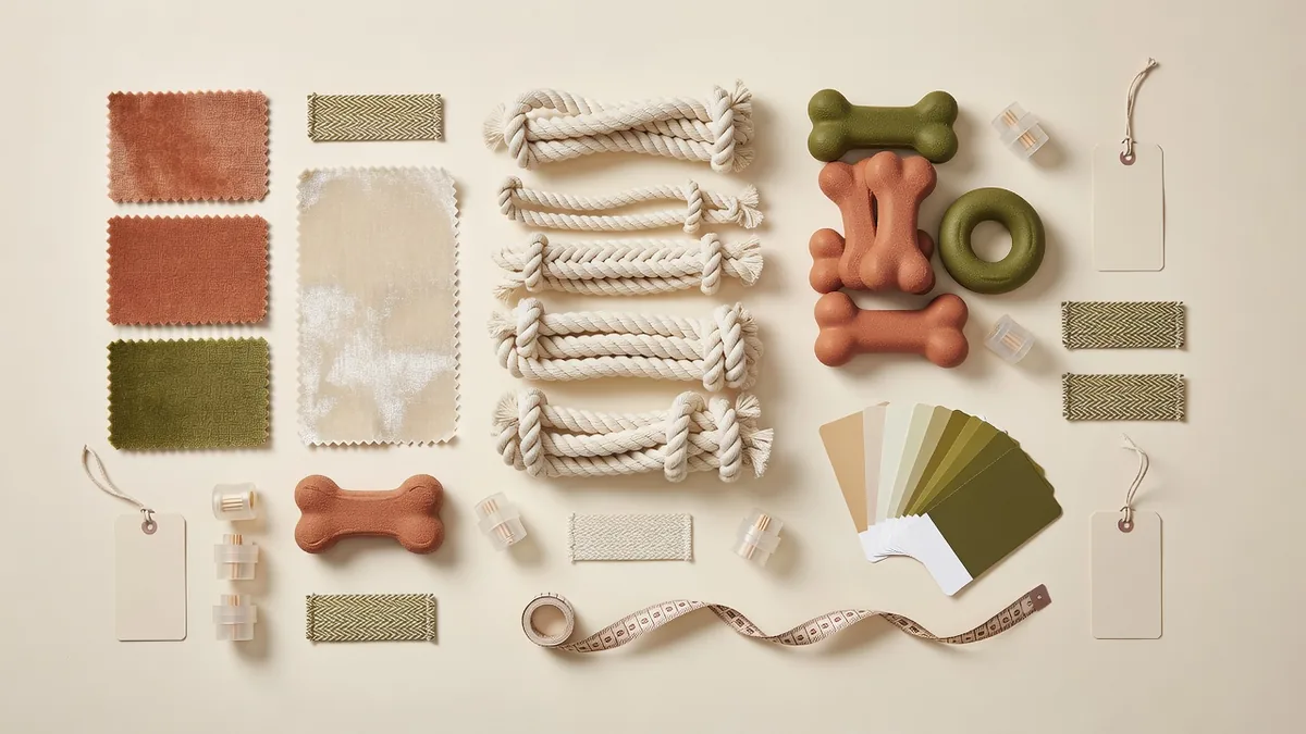 Flatlay materiałów do zapytań dla dystrybutorów zabawek dla psów: tkanina pluszowa, lina, wzorce TPR, zawieszki, karty koloru