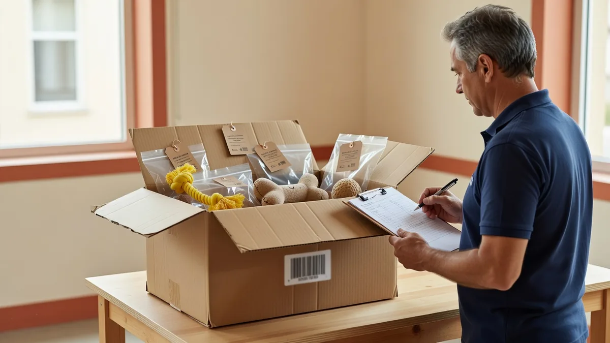 Vorversand-Pack-out-Prüfung für Hundespielzeug mit polybeutelverpackten Einheiten und Umkarton