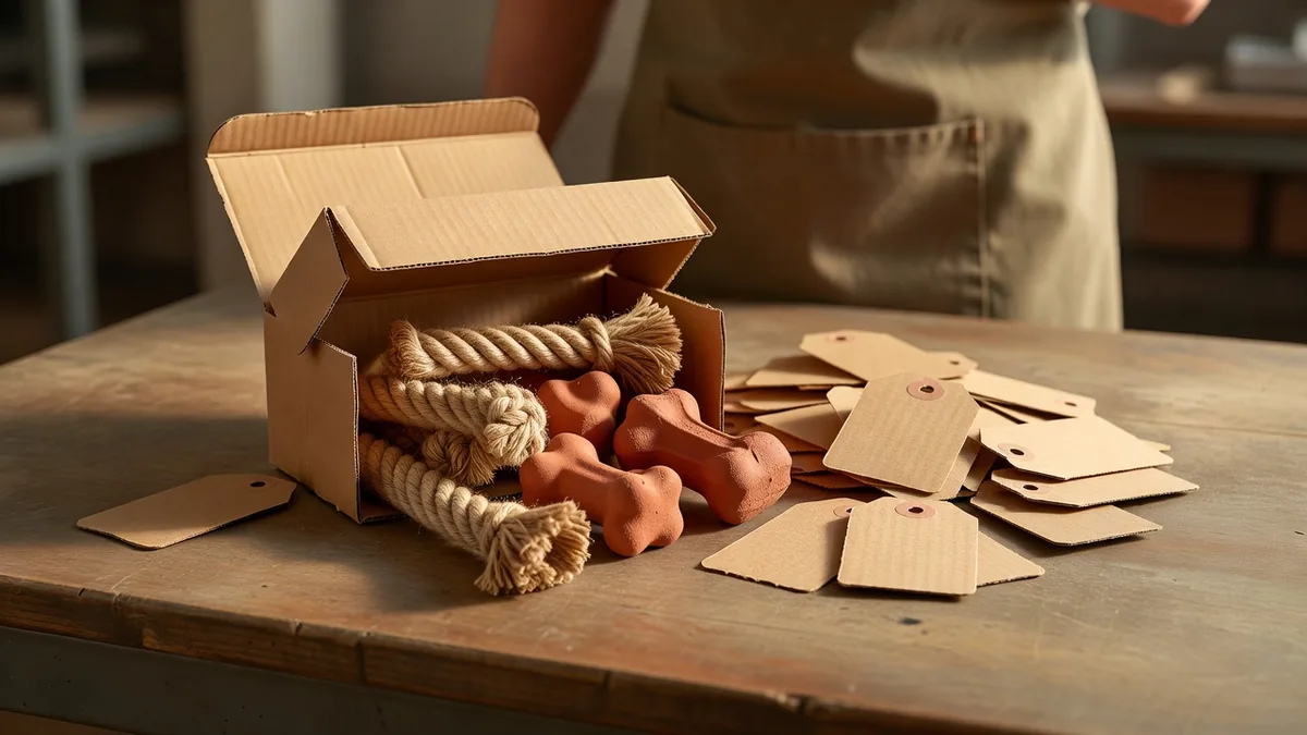Einbehaltene Muster von Haustierspielzeug und leere Kraftetiketten auf einem Packtisch, bevor eine EN71-Charge gebucht wird