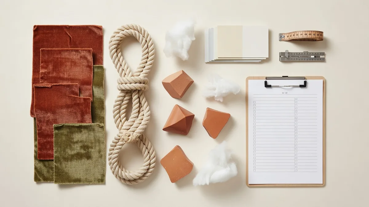 Flatlay materiałów i QC dla cen ilościowych produktów dla zwierząt bezpośrednio od producenta: tkanina pluszowa, lina, próbki TPR, karty kolorów