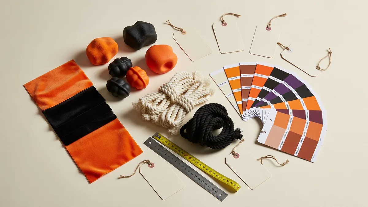 Material- und Farb-Flatlay für RFQs zu Halloween-Hundespielzeug im Großhandel: orange-schwarzer Plüsch, Gummi, Seil, Hangtags, Pantone-Karten