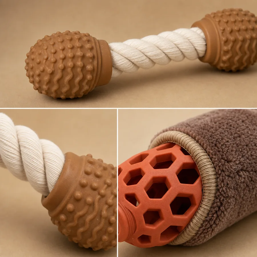 Nahaufnahme von Haustierspielzeugen aus Hybridmaterialien: Baumwollseil mit TPR-Gummi-Endkappen und Naturkautschuk-Kauspielzeug mit Polyester-Fleece-Außenschicht — mit sichtbaren Materialverbindungsstellen