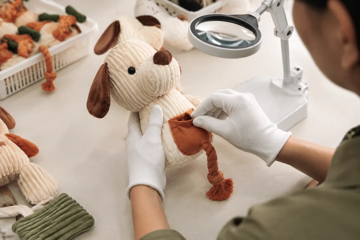 QC-Prüfung von Nähten und Leckerli-Taschenöffnungen eines Interactive Puzzle-Plüsch-Hundespielzeugs auf einem cremefarbenen Fabrik-Prüftisch