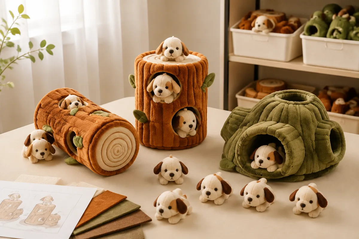 Interactive Puzzle-Plüsch-Hundespielzeuge mit Versteck-Taschen und herausnehmbaren Teilen, ausgelegt auf einem warmen cremefarbenen Bemusterungstisch zur Private-Label-Prüfung