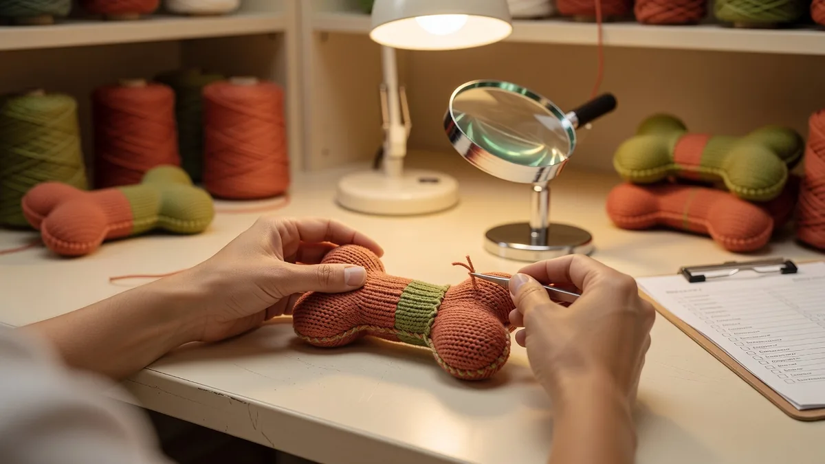 QC-Prüfung an Nahtverbindungen und gesicherten Garnenden eines gestrickten Hundespielzeugs an einer Werkbank