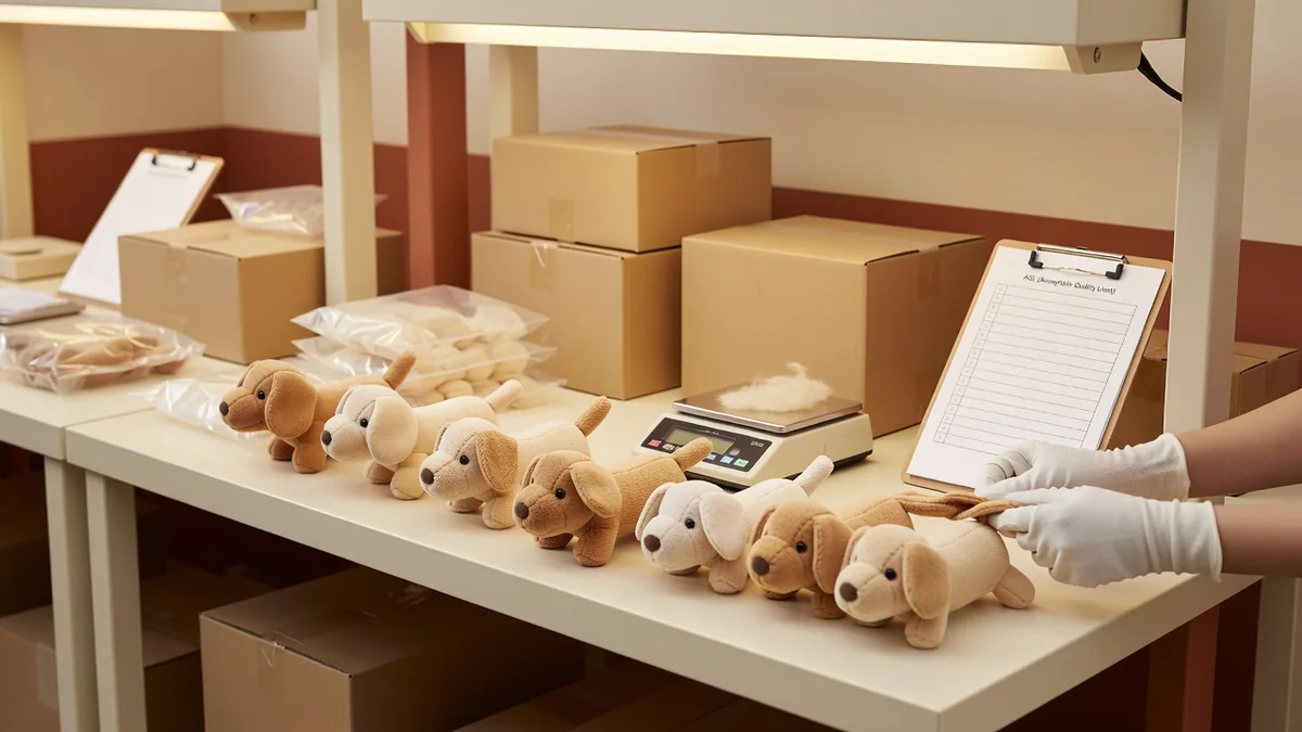 QC-Station prüft Nähte, Füllgewicht und Bulk-Pack-out eines Mini-Plüschhund-Spielzeugs vor Exportkartons