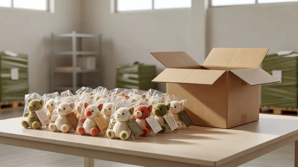 Plüsch-Haustierspielzeug in Polybags mit Hangtags neben geöffnetem Umkarton für die Exportverpackung beim Lieferanten