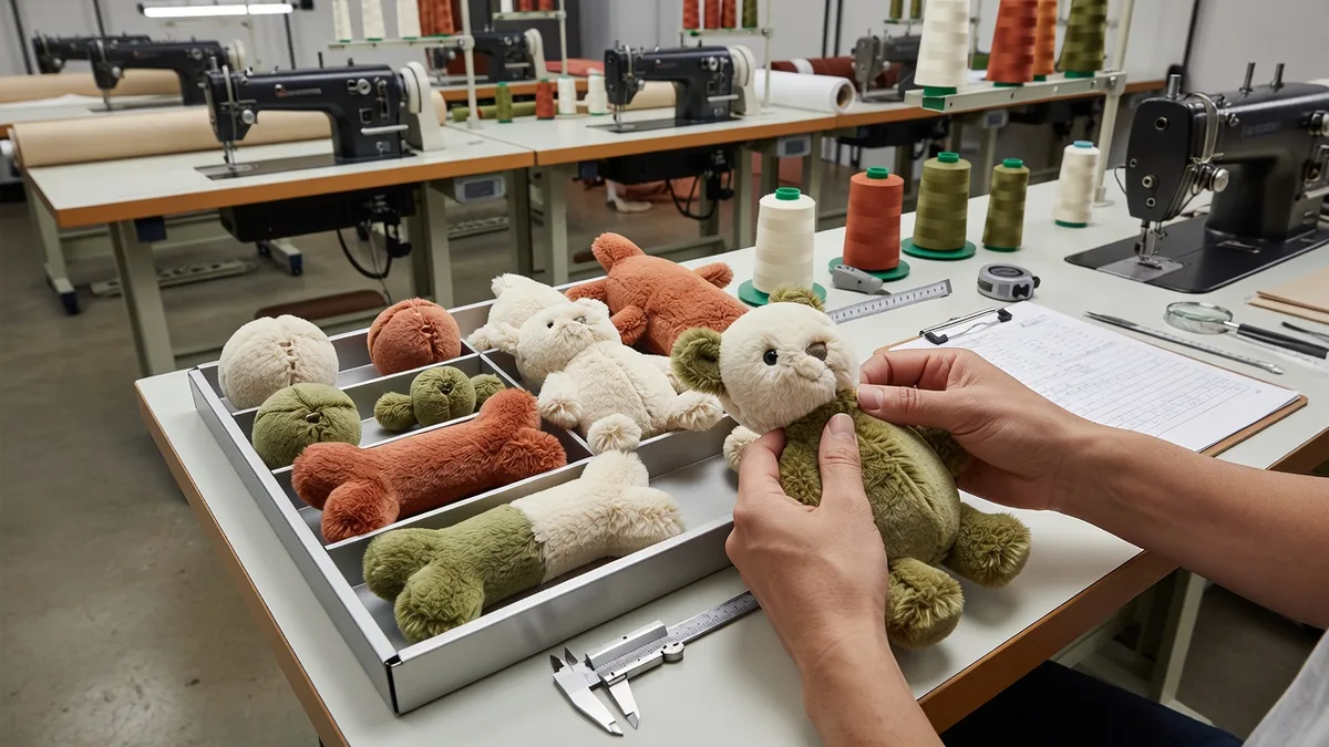 Qualitätsprüfer kontrolliert die Nahtfestigkeit an einem Plüsch-Haustierspielzeug in der Nähwerkstatt des Lieferanten mit AQL-Prüfschale