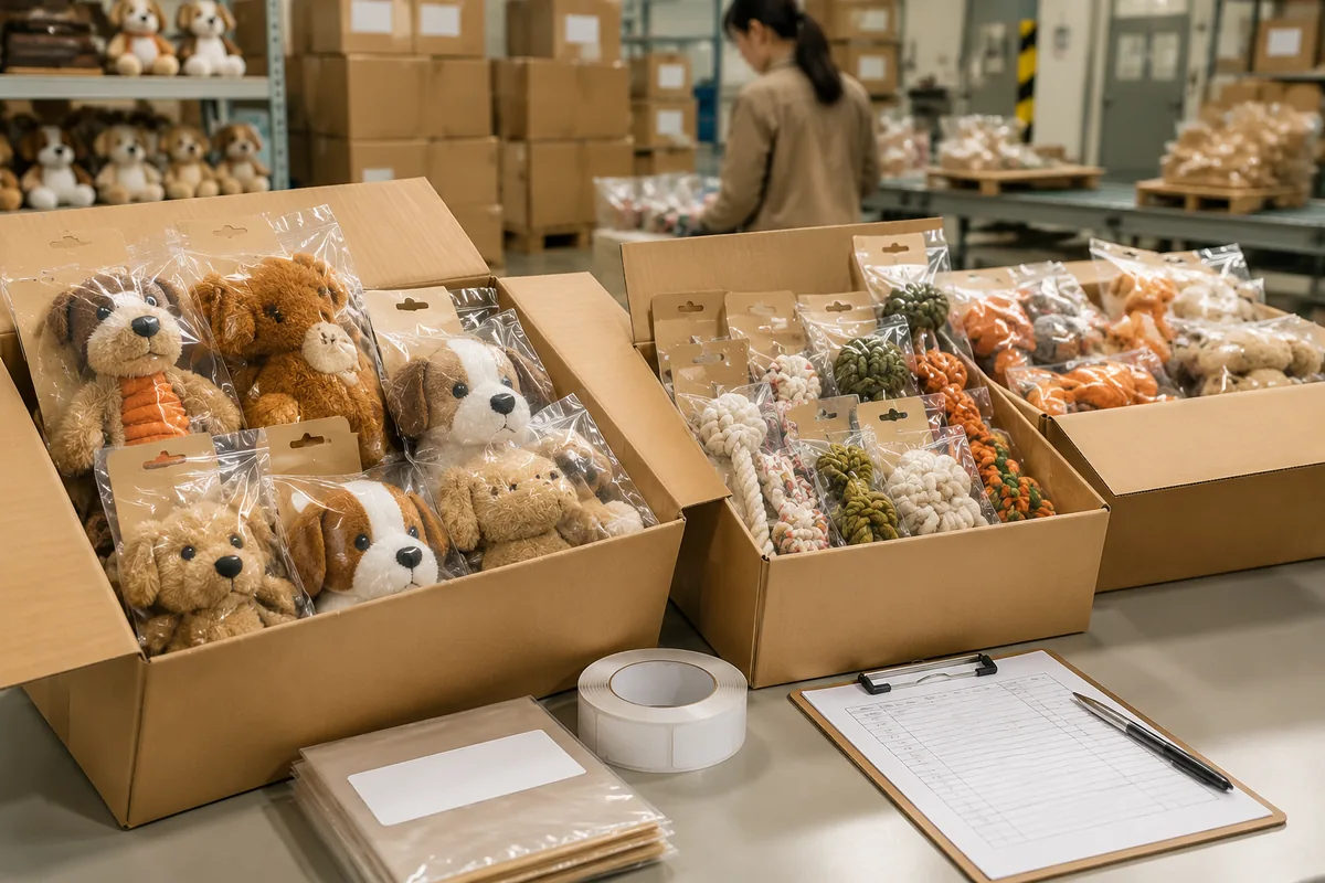 Export-Karton-Pack-out von gebrandeten Private-Label-Heimtierspielzeugen mit bedruckten Polybeuteln und Barcode-Etiketten für den Großhandelsversand