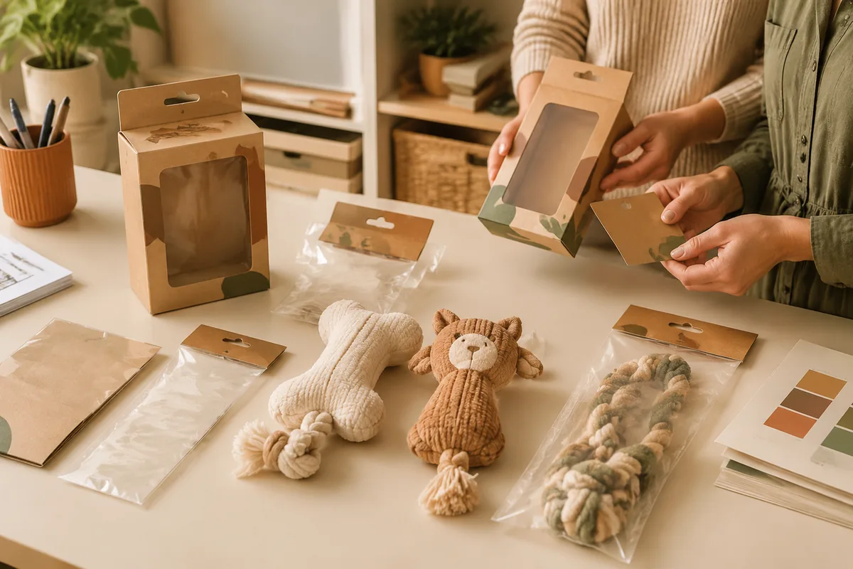 Mockups für Private-Label-Heimtierspielzeug mit Hangtags und Markenkartons auf einem warmen, cremefarbenen Bemusterungstisch für B2B-Einkäufer