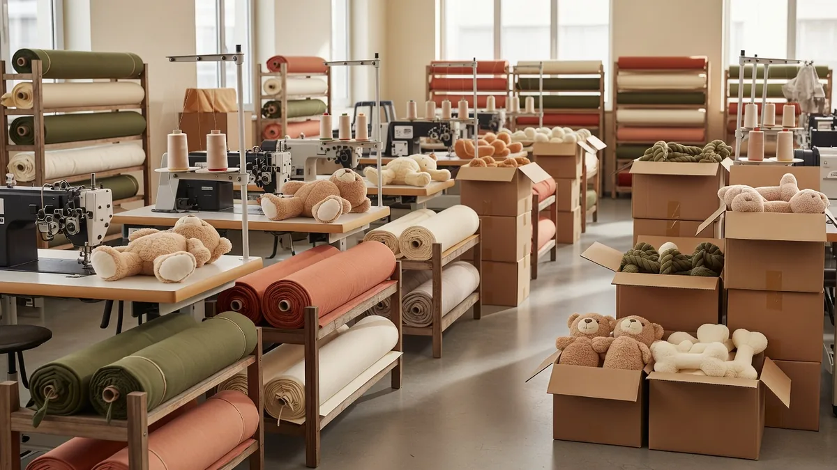 Fertigungsfläche einer Haustierspielzeugfabrik mit Nählinien, Materialregalen und Exportkartons