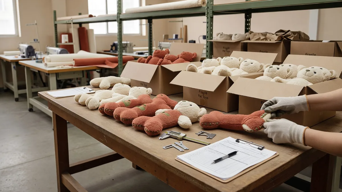 QC- und Packtisch zur Prüfung von Plüschnähten vor den Exportkartons in einer Haustierspielzeugfabrik