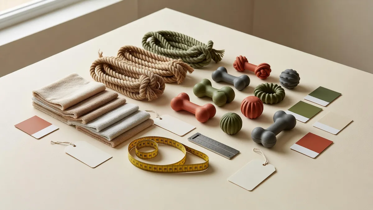 Material- und QC-Flatlay für Haustierspielzeug-Großhandel China: Plüschstoff, Seil, TPR-Muster, Hangtags und Farbkarten