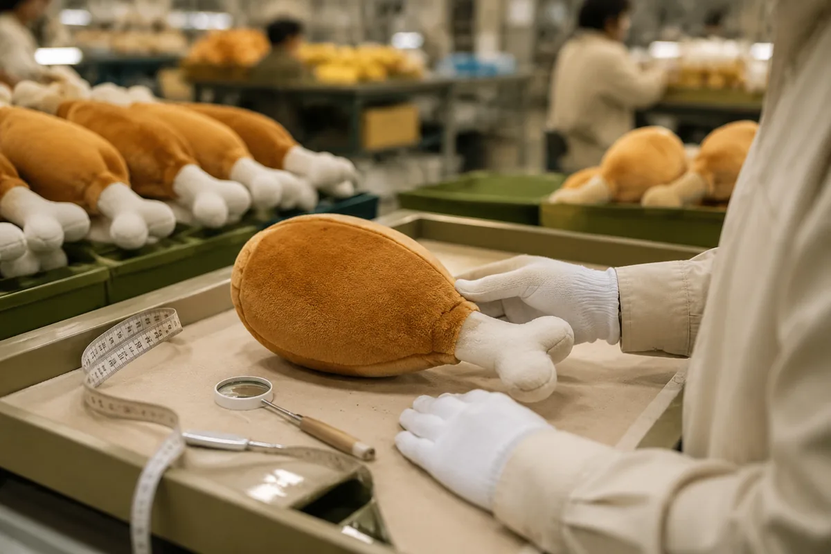 Qualitätsprüfer kontrolliert die Nahtfestigkeit an einem Plüsch-Drumstick-Hundespielzeug in Lebensmitteloptik in einer Nähwerkstatt in China
