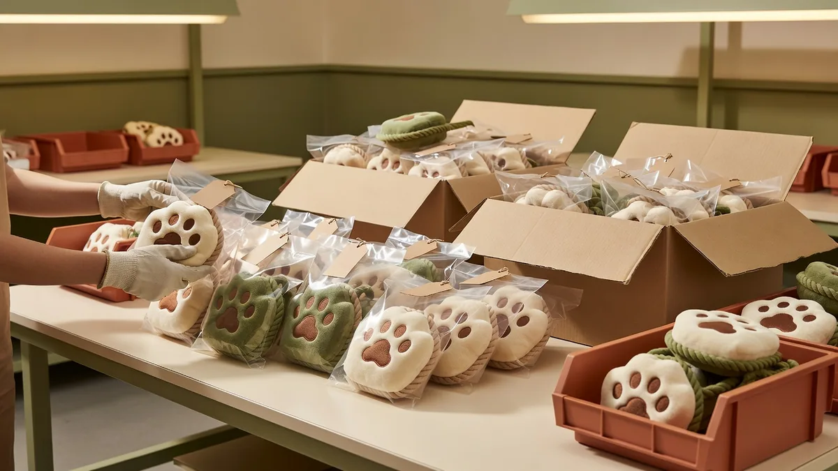 Export-Pack-out von Plüsch-Pfoten-Seil-Pantoffel-Hundespielzeug in Polybags und Masterkartons