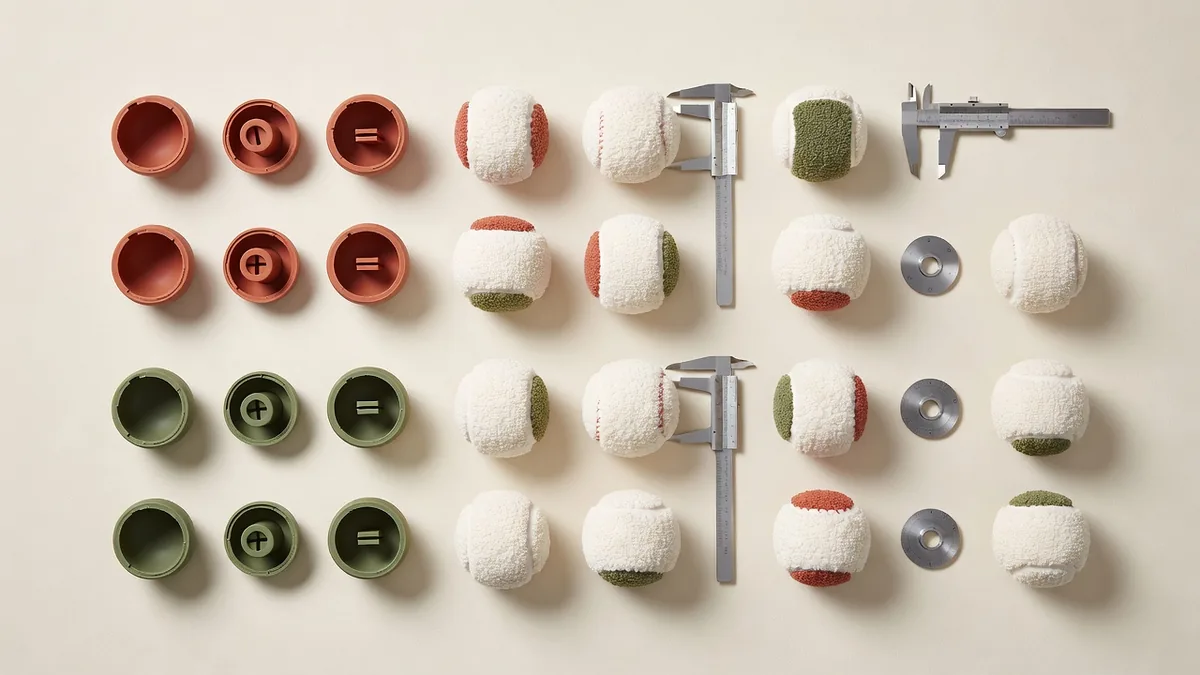 Material-Flatlay für Quietschbälle mit Gummi- und TPR-Schalen, Stoff-Tennisbezügen, Kunststoff-Zungenblatt-Quietschern und Größenlehren