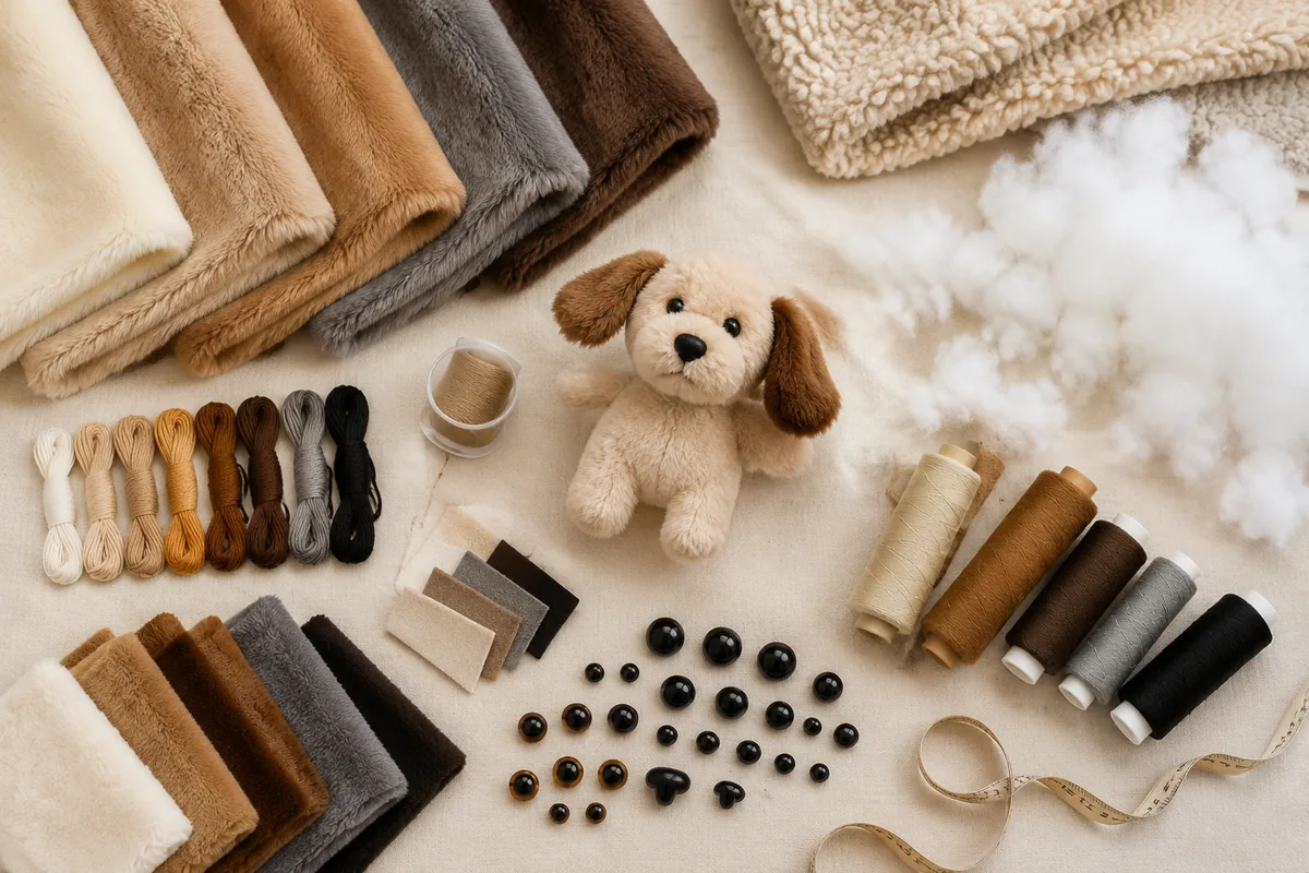 Flatlay materiałów hurtowej fabryki pluszowych zabawek dla psów z tkaniną krótkiego włosia, sherpa, wypełnieniem włóknistym, nicią do haftu, oczami bezpieczeństwa i wszywkami do RFQ kupującego